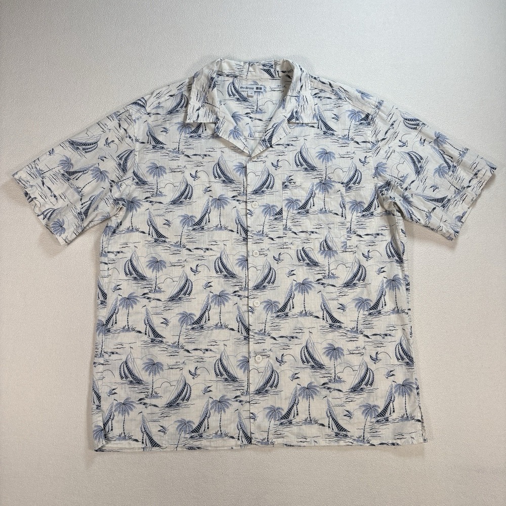 Uniqlo x Reyn‎ Spooner Hawaiian Shirt Men's L White Sailboat Cotton Pocket Camp